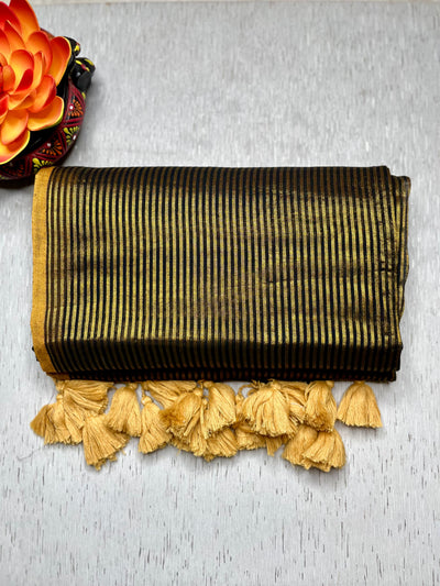 Handwoven Cotton Saree -  Charcoal Black + Gold