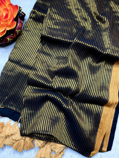 Handwoven Cotton Saree -  Charcoal Black + Gold