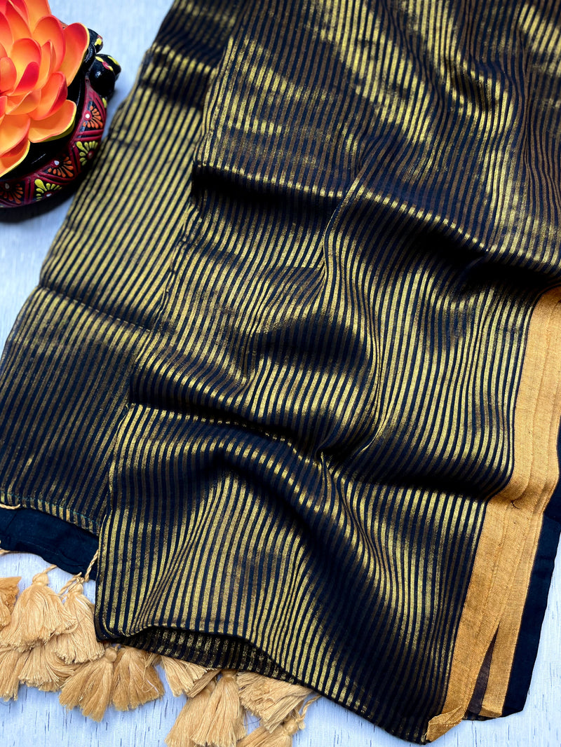Handwoven Cotton Saree -  Charcoal Black + Gold