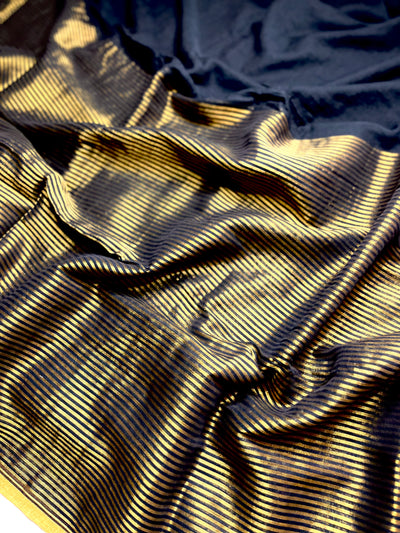 Handwoven Cotton Saree -  Charcoal Black + Gold