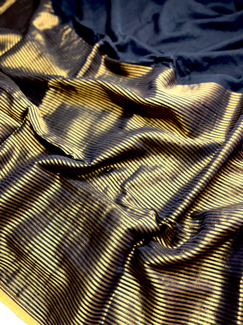 Handwoven Cotton Saree -  Charcoal Black + Gold