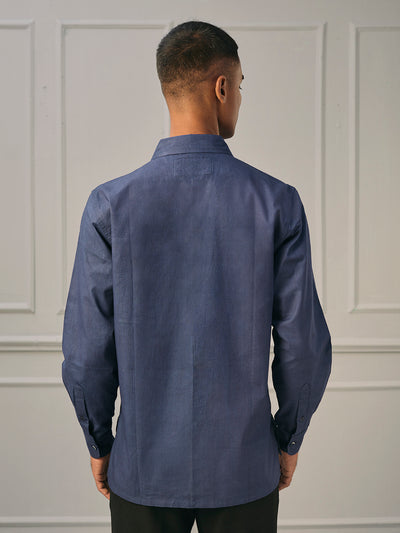 EXP - Navy Blue Khadi Cotton Full Sleeve Shirt With Double Pocket