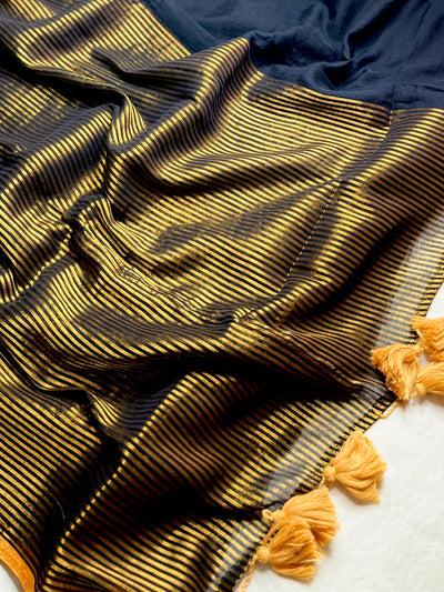 Handwoven Cotton Saree -  Charcoal Black + Gold