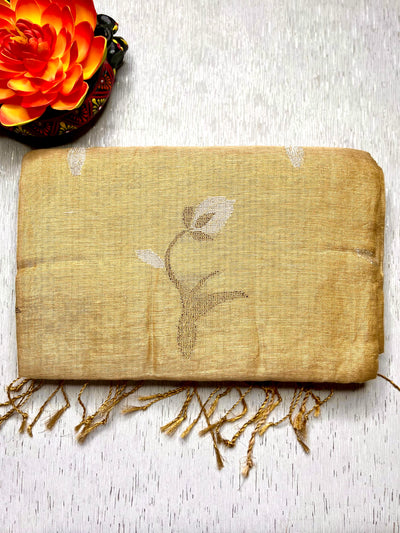DIVA-Handwoven Metallic Linen Tissue Saree - Sandal Gold