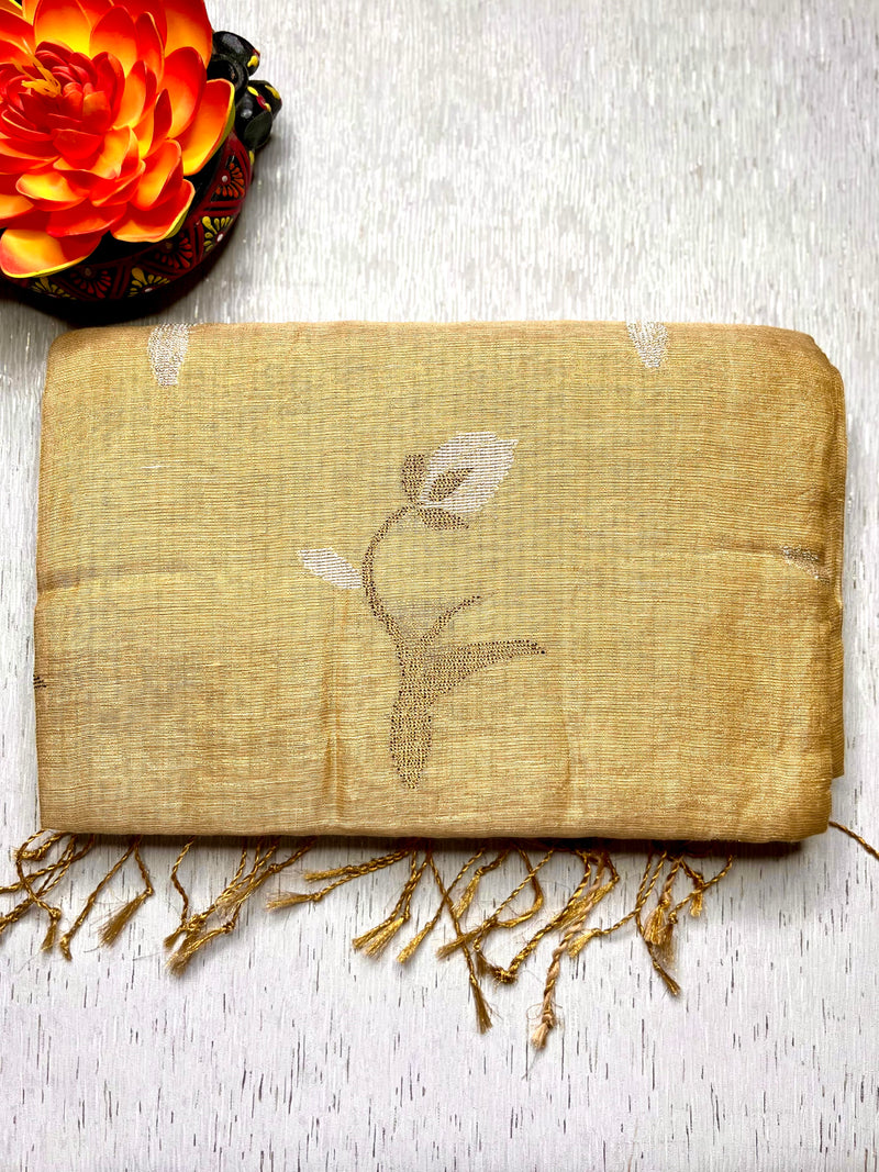 DIVA-Handwoven Metallic Linen Tissue Saree - Sandal Gold