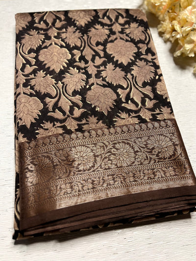 Handblock Printed Chanderi Silk Saree - Cocoa Brown + Copper Rose