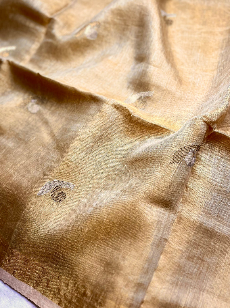 DIVA-Handwoven Metallic Linen Tissue Saree - Sandal Gold