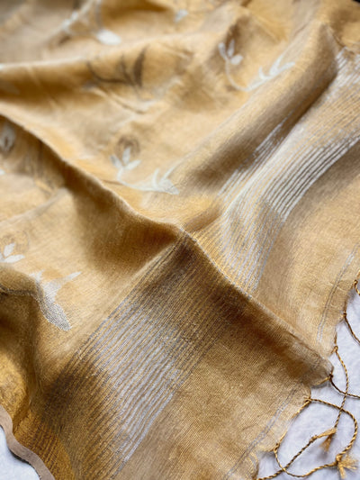 DIVA-Handwoven Metallic Linen Tissue Saree - Sandal Gold