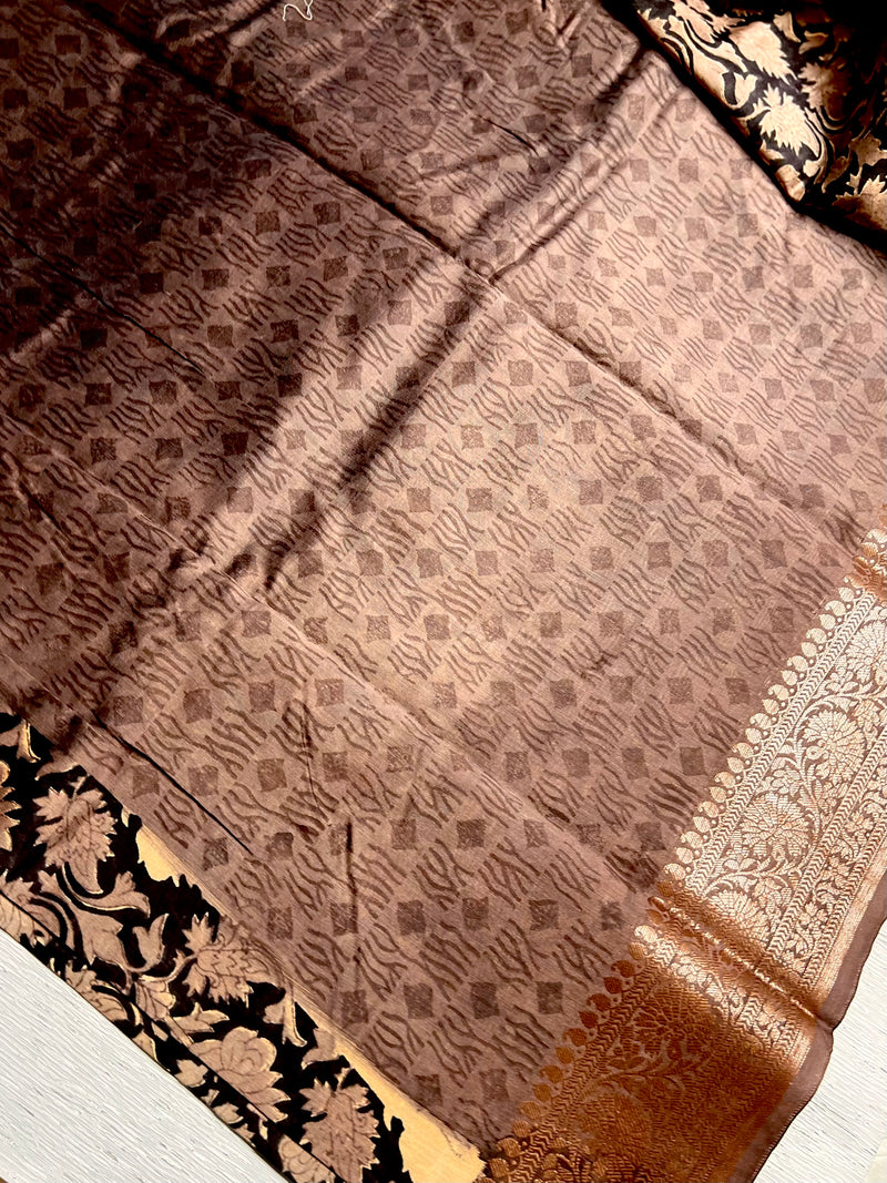 Handblock Printed Chanderi Silk Saree - Cocoa Brown + Copper Rose