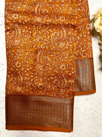 Handblock Printed Chanderi Silk Saree - Golden Grass + Pearl