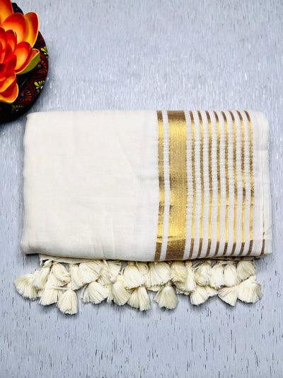 Handwoven Cotton Saree - White + Shimmer Gold