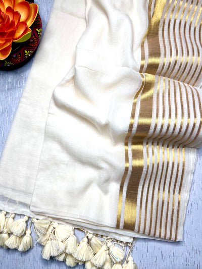 Handwoven Cotton Saree - White + Shimmer Gold