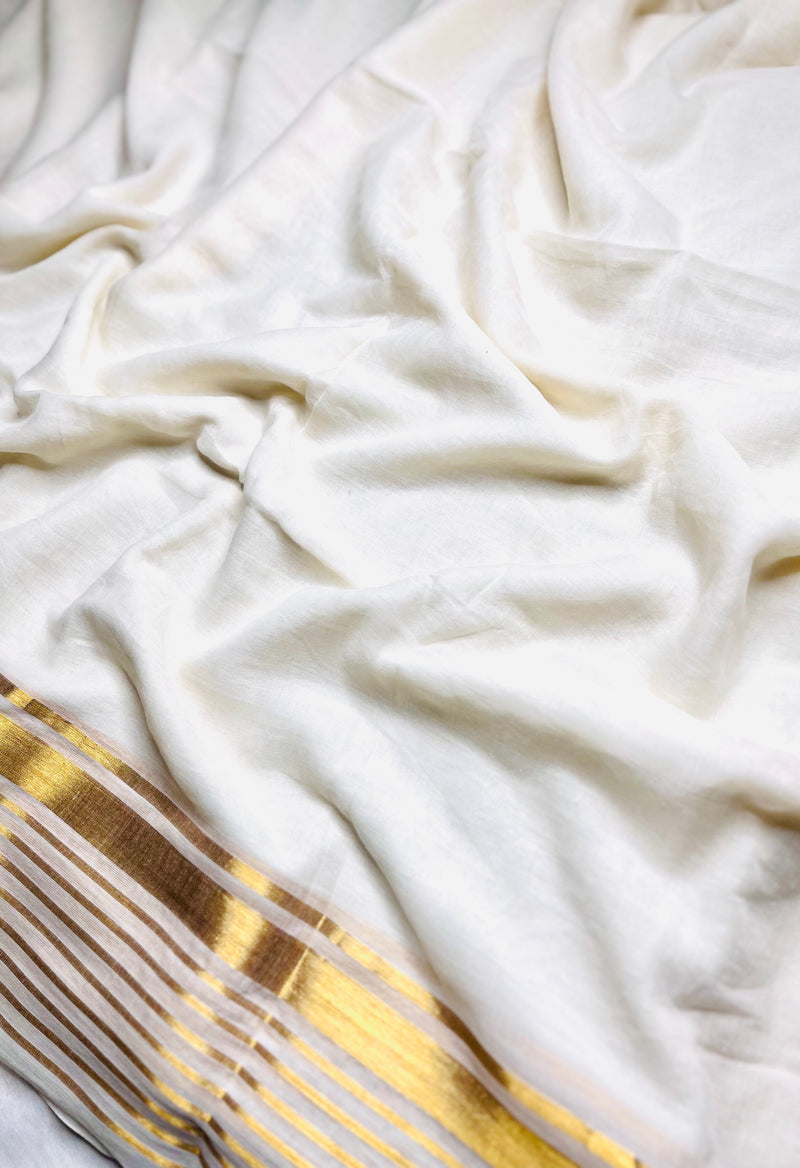 Handwoven Cotton Saree - White + Shimmer Gold