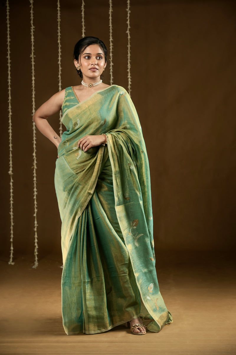 EXP - Diva -Handwoven Metallic Linen Tissue Saree - Green Gold