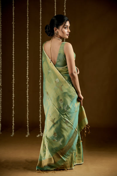 EXP - Diva -Handwoven Metallic Linen Tissue Saree - Green Gold