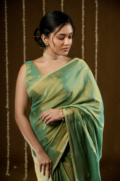 EXP - Diva -Handwoven Metallic Linen Tissue Saree - Green Gold