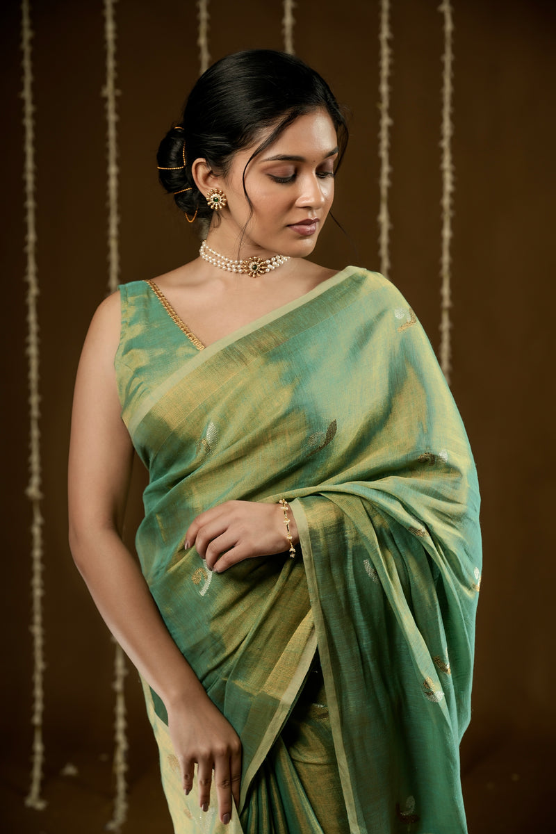 EXP - Diva -Handwoven Metallic Linen Tissue Saree - Green Gold