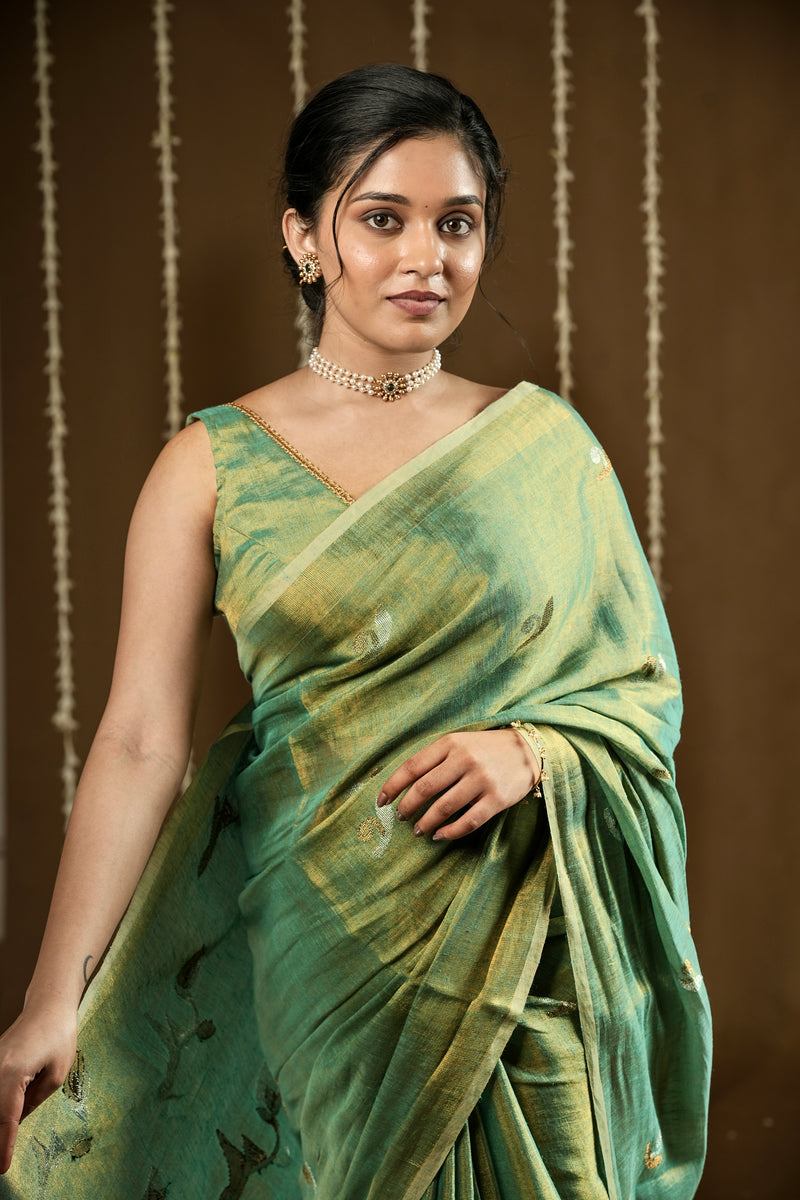 EXP - Diva -Handwoven Metallic Linen Tissue Saree - Green Gold