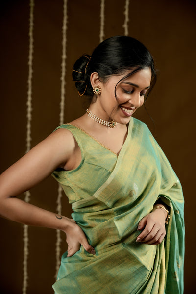 EXP - Diva -Handwoven Metallic Linen Tissue Saree - Green Gold