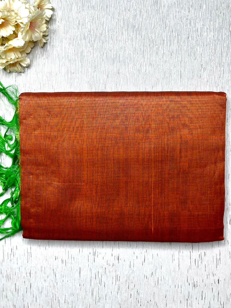 Handwoven Silk Cotton Saree - Thunderbird Brown + Forest Green