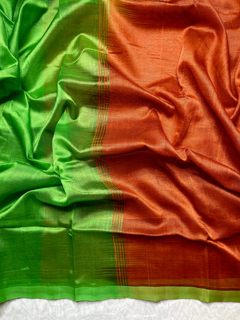 Handwoven Silk Cotton Saree - Thunderbird Brown + Forest Green