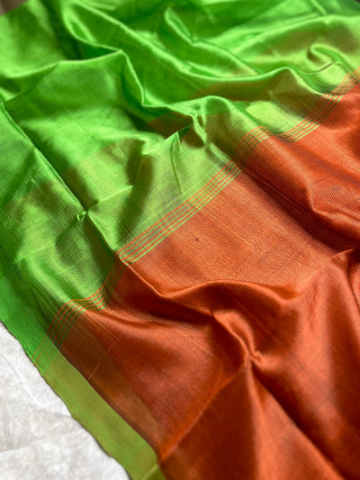 Handwoven Silk Cotton Saree - Thunderbird Brown + Forest Green
