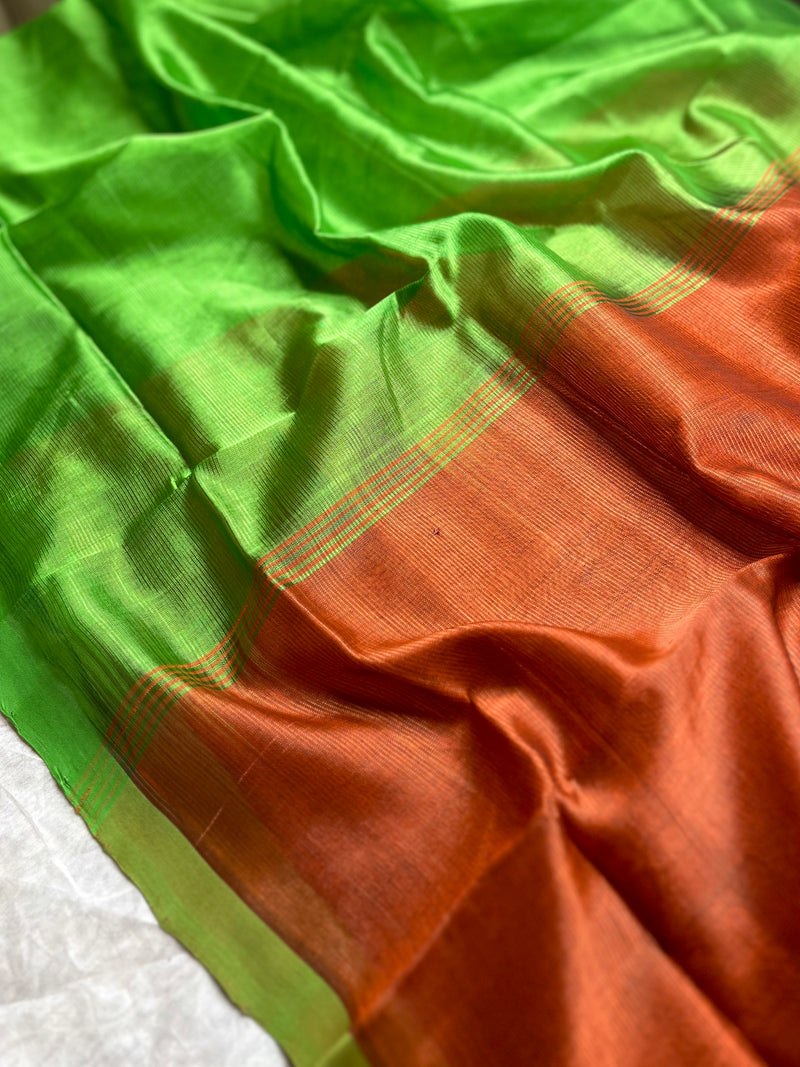 Handwoven Silk Cotton Saree - Thunderbird Brown + Forest Green