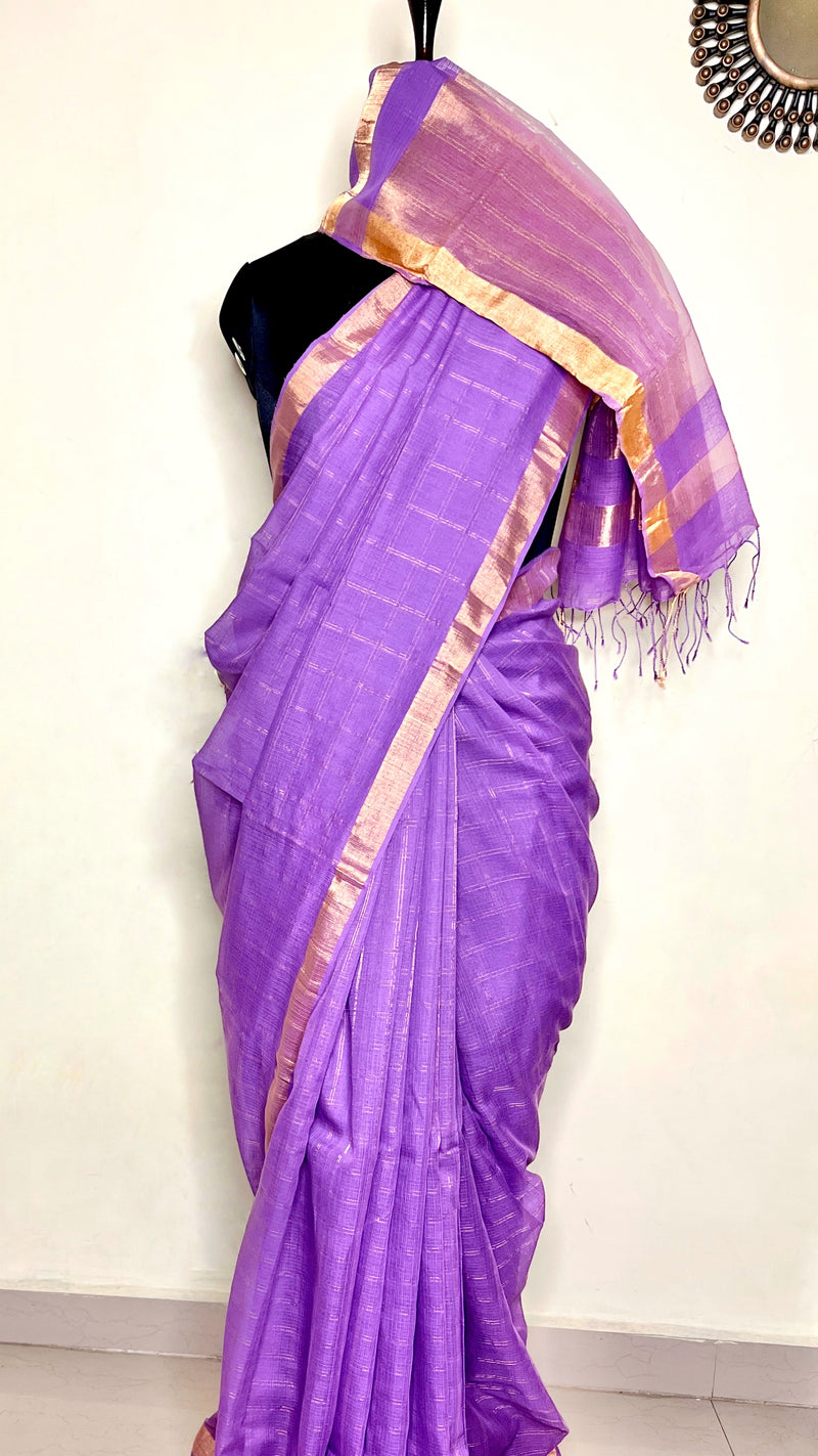 Handwoven Silk Zari Cotton Saree - Lavender + Gold