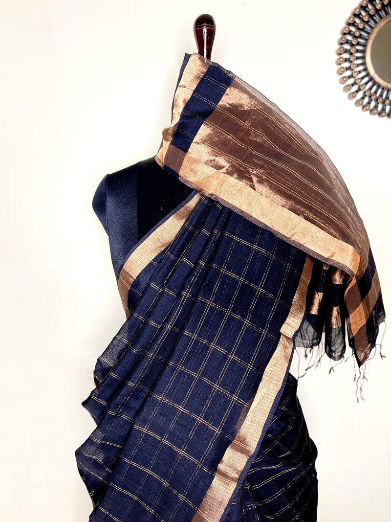 Handwoven Silk Zari Cotton Saree - Black Russian + Gold