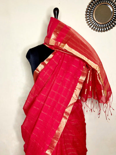 Handwoven Silk Zari Cotton Saree - Crimson Red + Gold