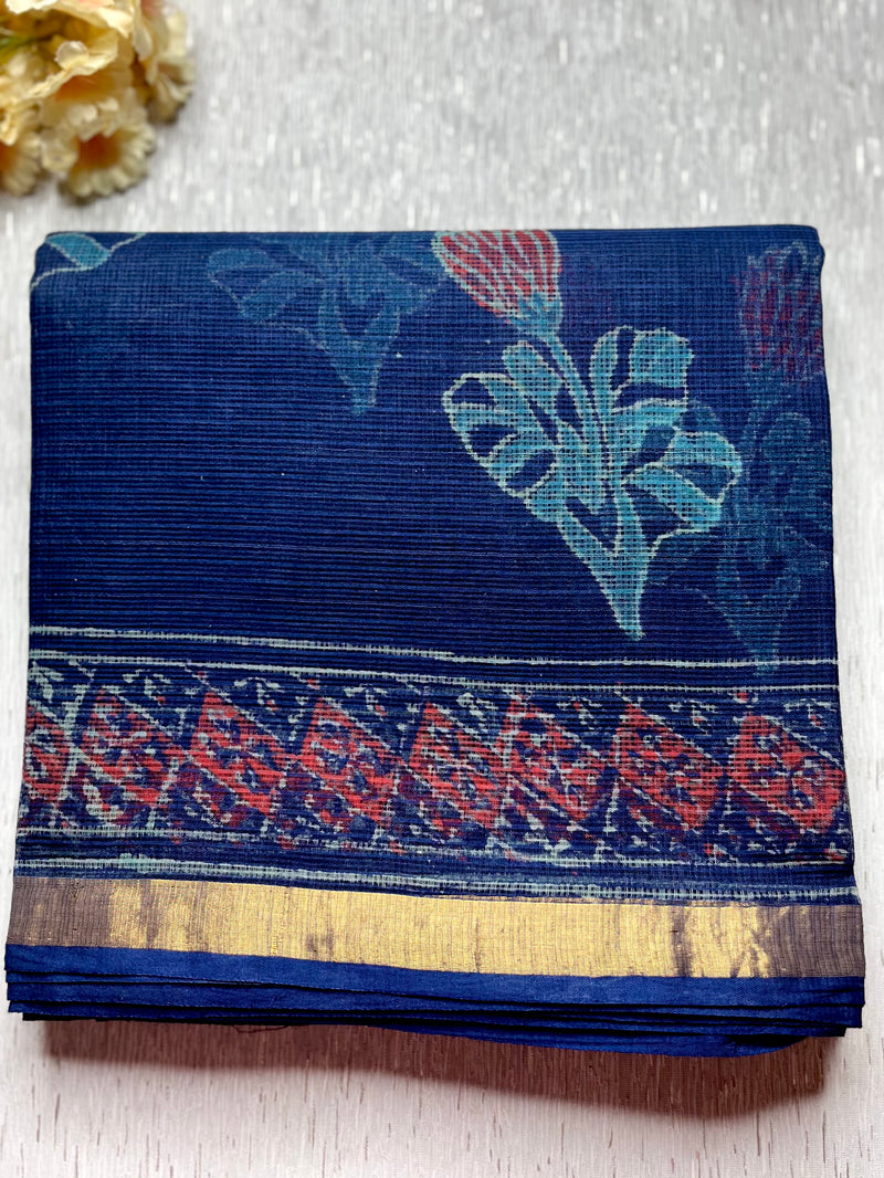 Handblock Printed Kota Doria Saree -  Persian Blue
