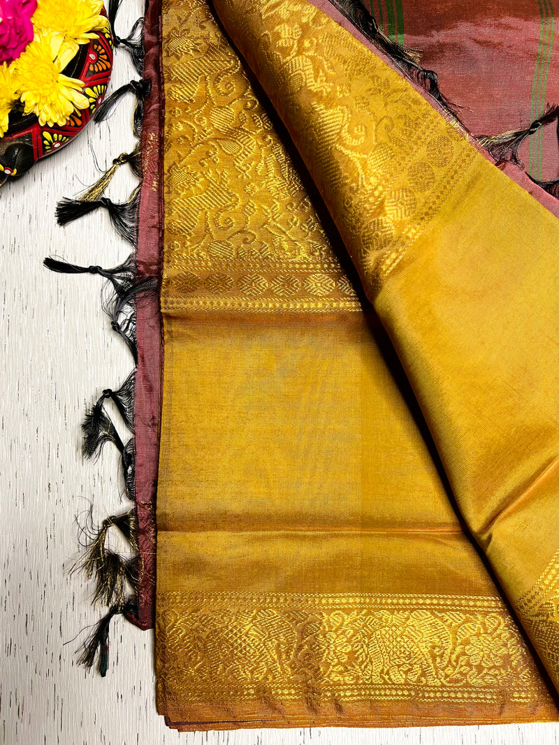 Handwoven Art Silk Saree - Golden Grass + Chestnut