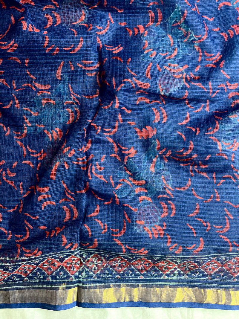 Handblock Printed Kota Doria Saree -  Persian Blue