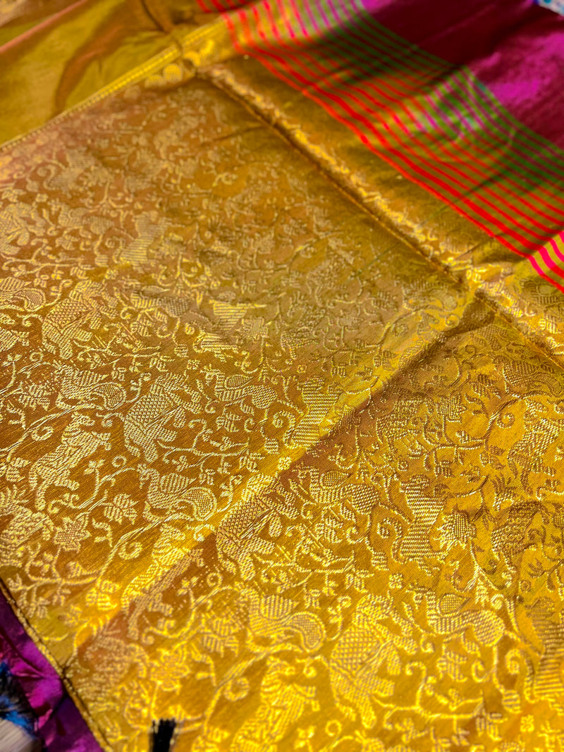 Handwoven Art Silk Saree - Golden Grass + Chestnut