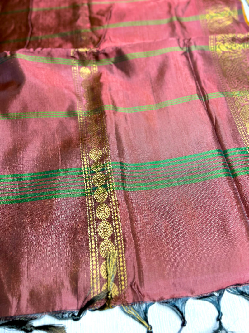 Handwoven Art Silk Saree - Golden Grass + Chestnut