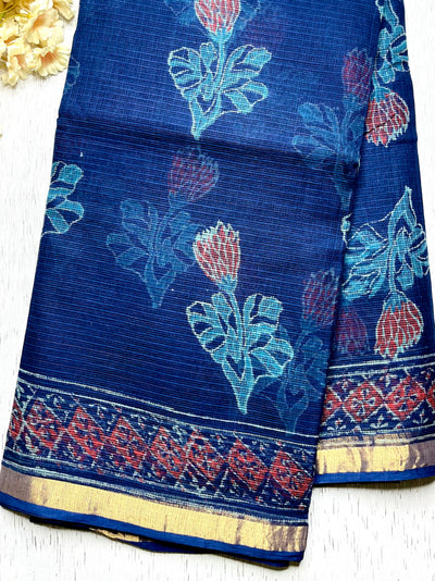 Handblock Printed Kota Doria Saree -  Persian Blue