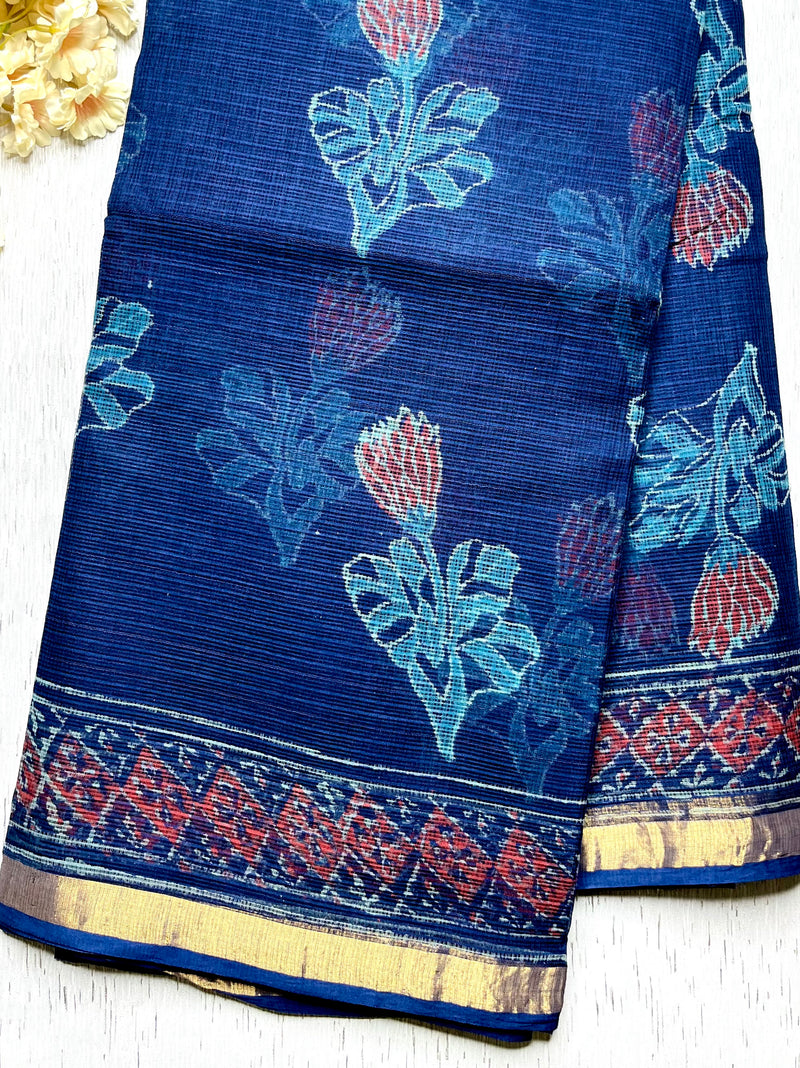 Handblock Printed Kota Doria Saree -  Persian Blue