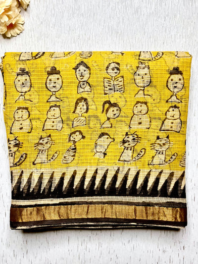 Handblock Printed Kota Doria Saree - Mustard Yellow + Pearl Black