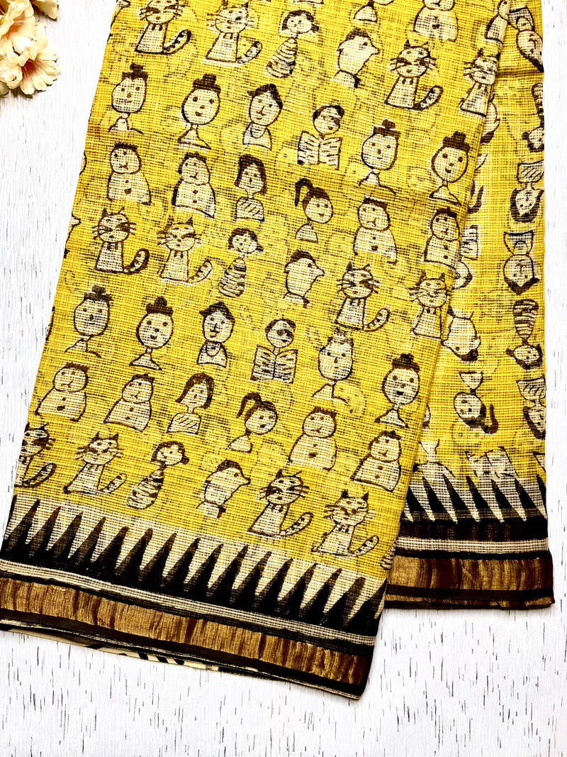 Handblock Printed Kota Doria Saree - Mustard Yellow + Pearl Black