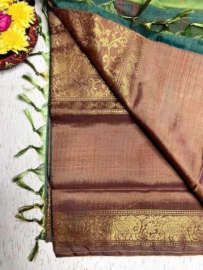 Handwoven Art Silk Saree -  Brown Rust + Green