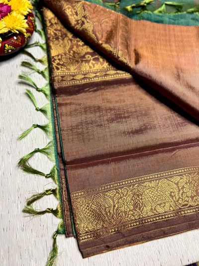 Handwoven Art Silk Saree -  Brown Rust + Green