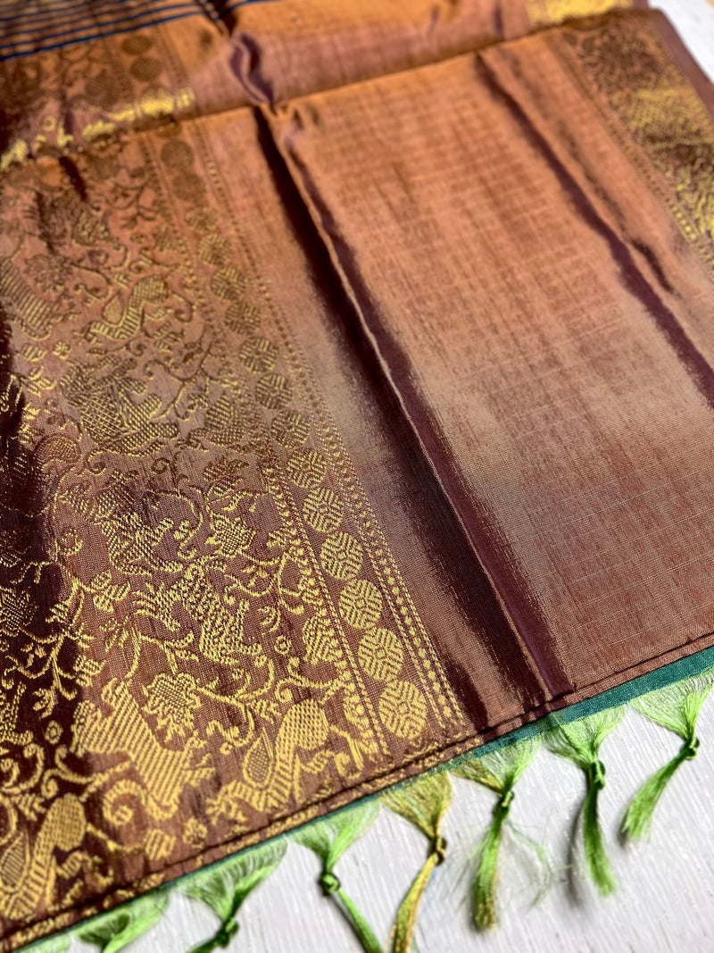 Handwoven Art Silk Saree -  Brown Rust + Green