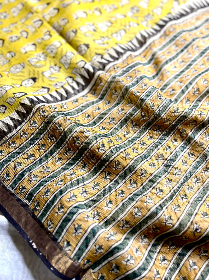Handblock Printed Kota Doria Saree - Mustard Yellow + Pearl Black