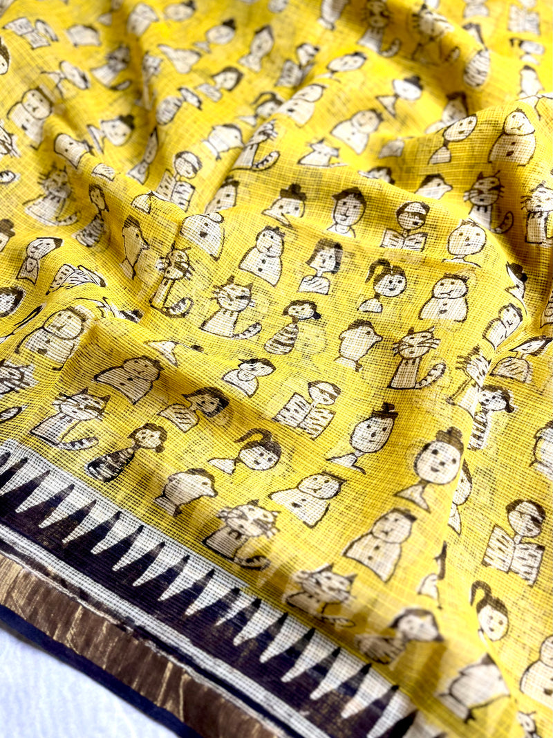 Handblock Printed Kota Doria Saree - Mustard Yellow + Pearl Black
