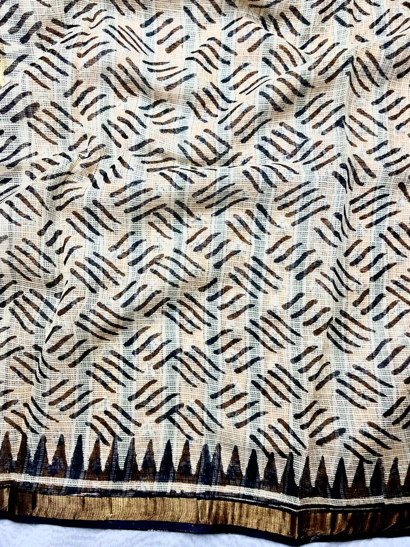 Handblock Printed Kota Doria Saree - Mustard Yellow + Pearl Black