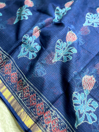 Handblock Printed Kota Doria Saree -  Persian Blue