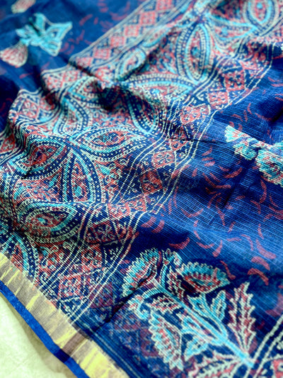 Handblock Printed Kota Doria Saree -  Persian Blue