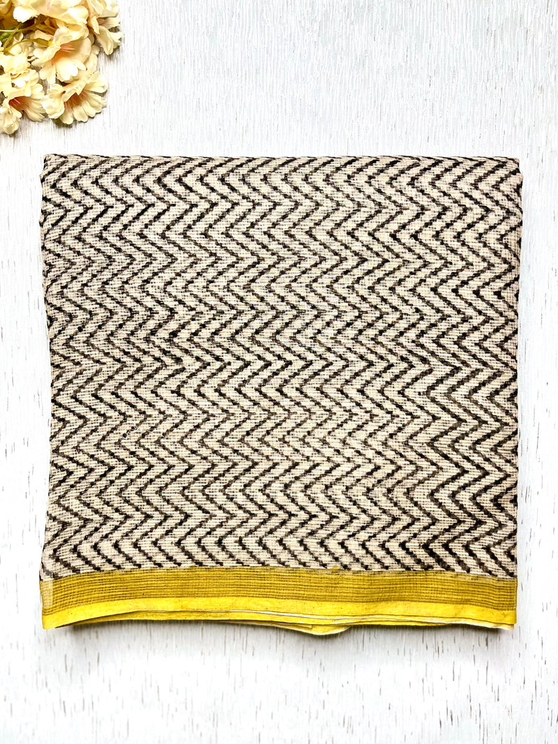 Handblock Printed Kota Doria Saree - Thunder Black + Persian Yellow