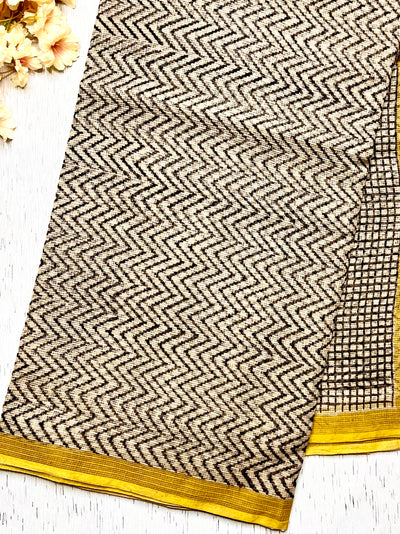 Handblock Printed Kota Doria Saree - Thunder Black + Persian Yellow