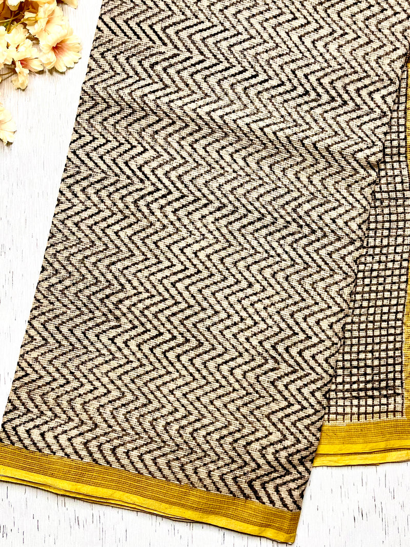 Handblock Printed Kota Doria Saree - Thunder Black + Persian Yellow